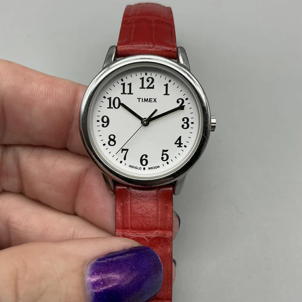 Timex Indiglo WR30M Womens Watch 30mm White Dial Red Leather New Battery